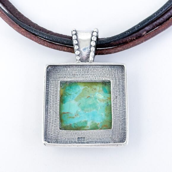 Vintage Sterling Silver Leather Cord Composite Turquoise Pendant Necklace 15.5" - Picture 3 of 7
